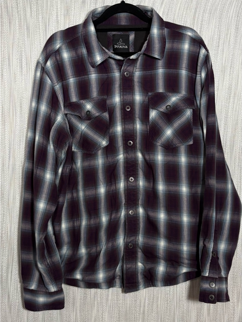 Women’s prAna Thermal Lined Plaid Button Up Shirt Jacket Sz L Purple